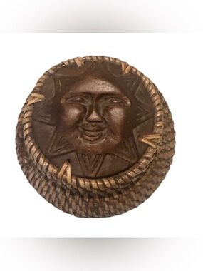 Handmade Woven Wicker & Carved Wood Lidded Basket Sun Face Southwestern Folk Art
